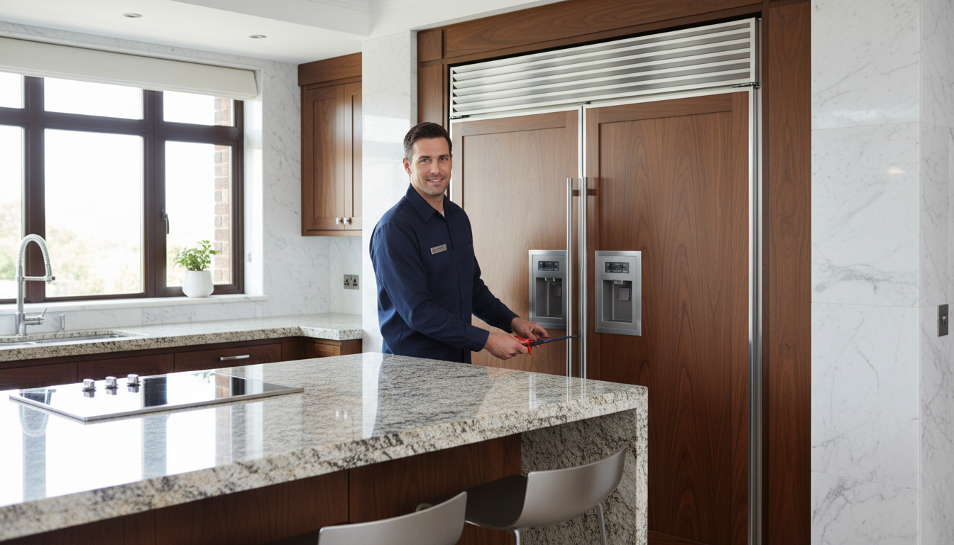 Professional technician inspecting a built-in refrigerator
