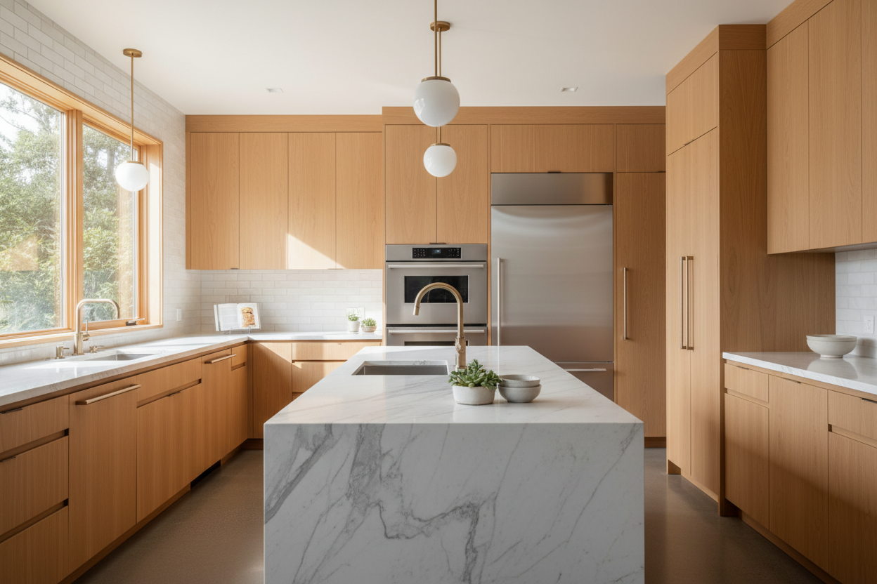 Upscale kitchen with built-in refrigerator and wall oven